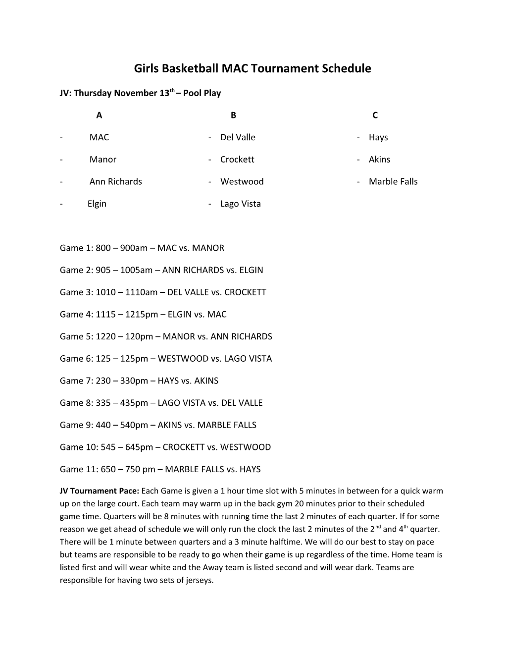 Girls Basketball MAC Tournament Schedule