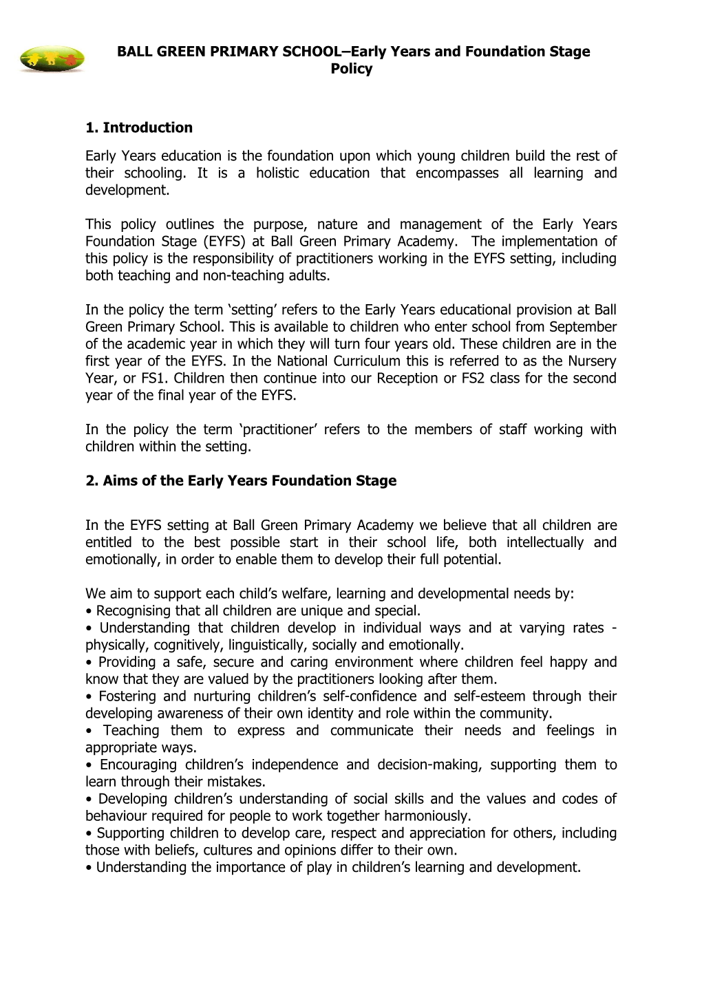 2. Aims of the Early Years Foundation Stage