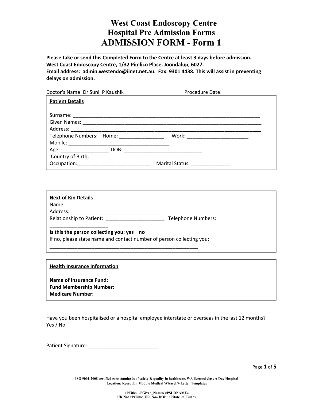 Hospital Pre Admission Forms