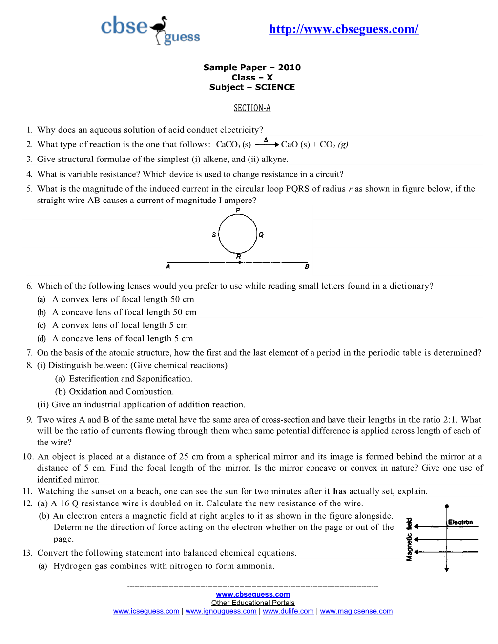 Sample Paper 2010 Class X Subject SCIENCE