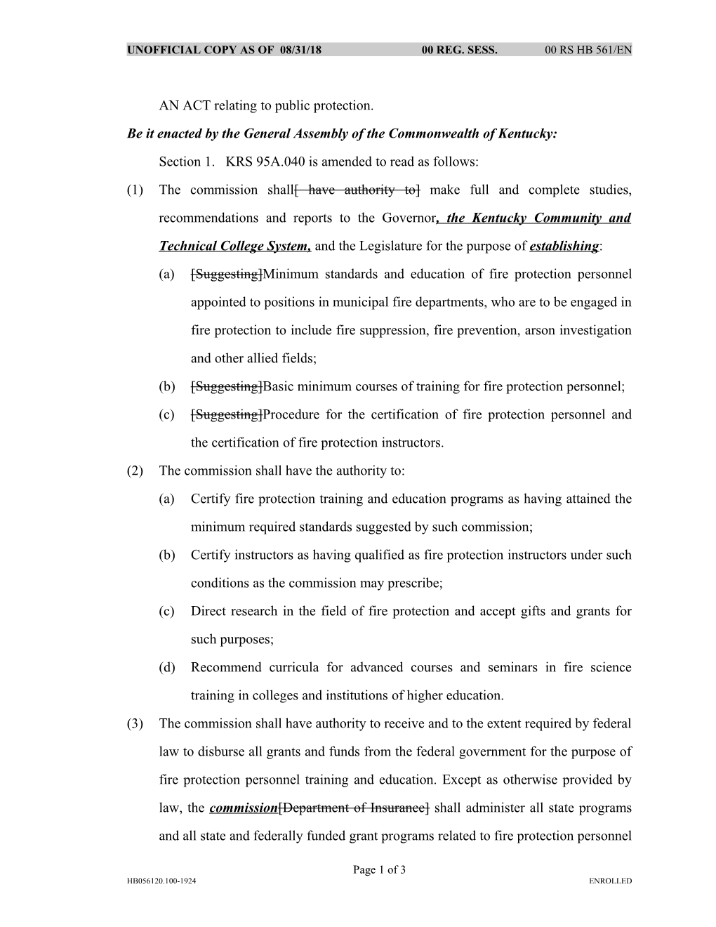 Unofficial Copy As of 09/27/1800 Reg. Sess. 00 Rs Hb 561/En