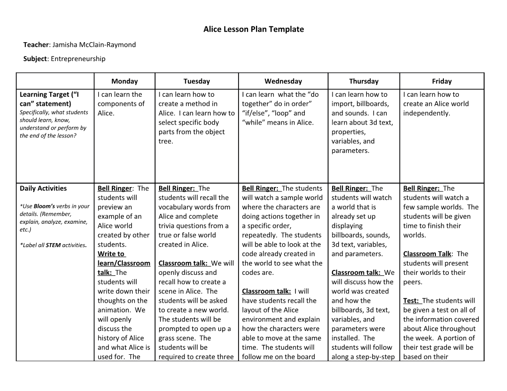 Alice Lesson Plan Template