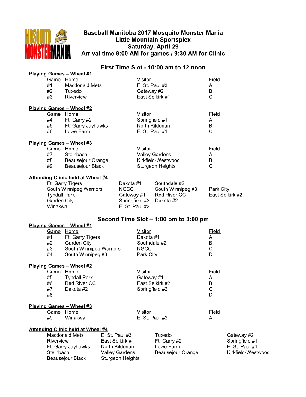 Arrival Time 9:00 AM for Games / 9:30 AM for Clinic