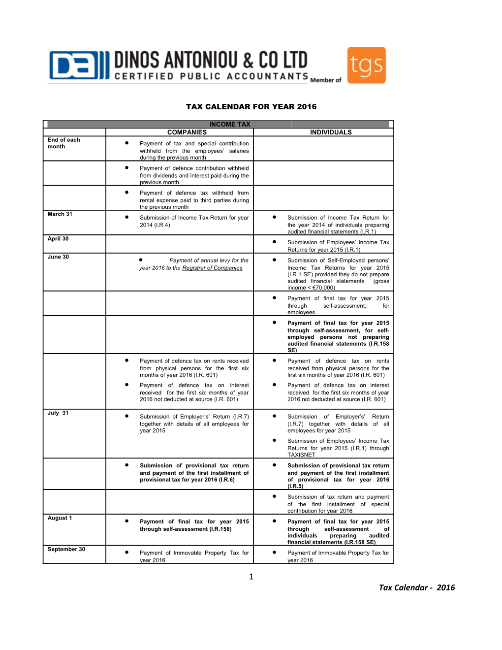 Tax Calendar for Year 2016