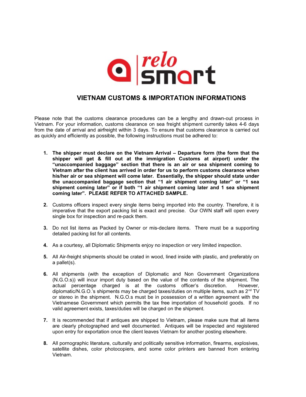 Vietnam Customs & Importation Informations