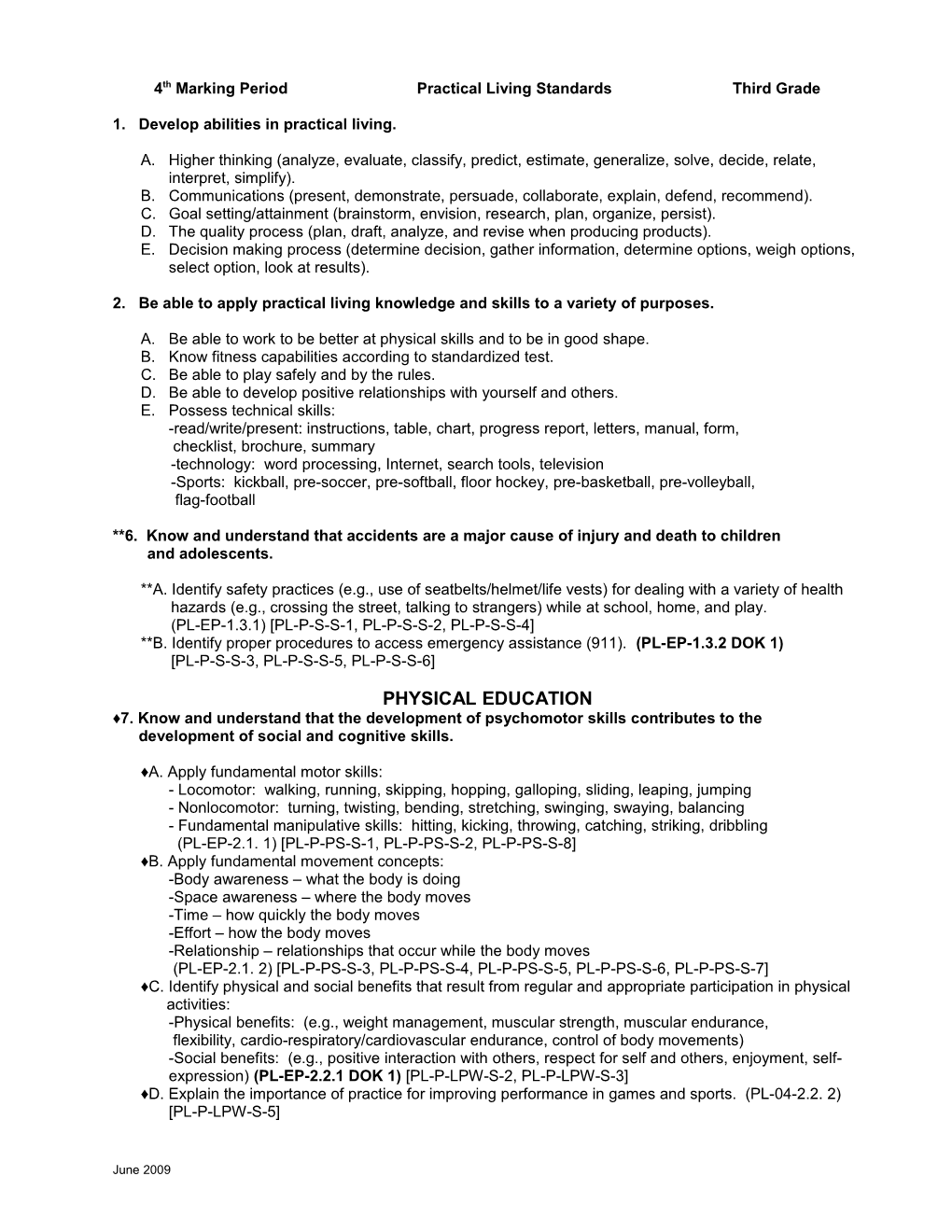 Third Marking Period Practical Living Standards First Grade