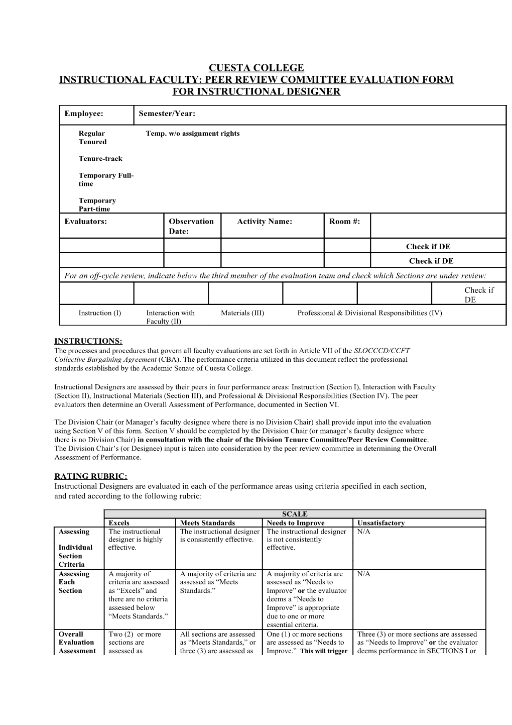 Instructional Faculty: Peer Review Committee Evaluation Form for Instructional Designer