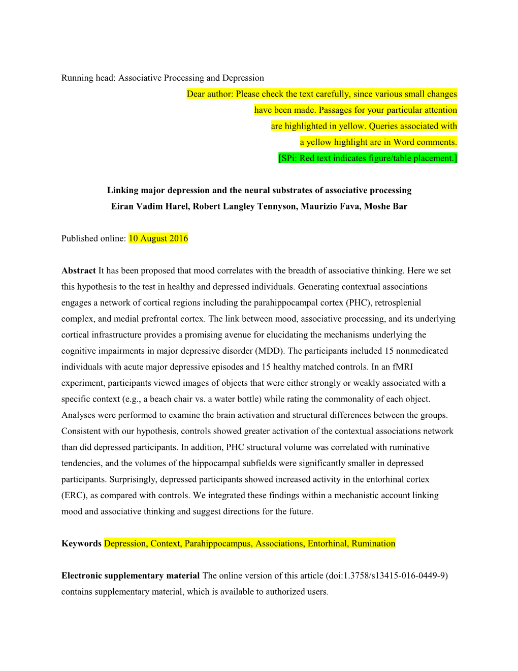 Running Head: Associative Processing and Depression