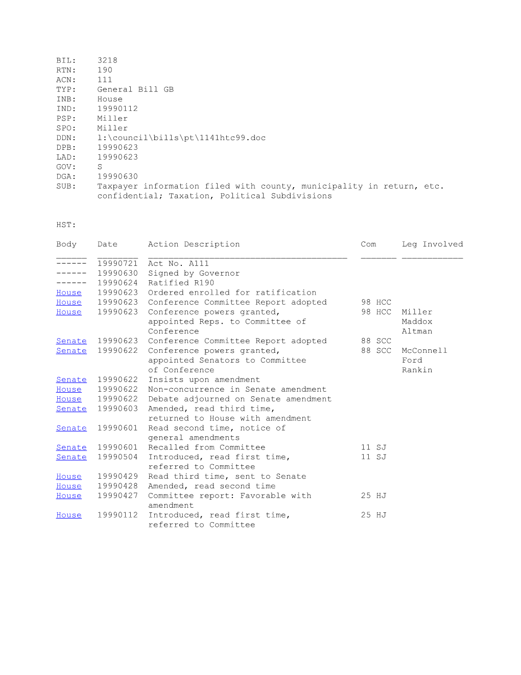 1999-2000 Bill 3218: Taxpayer Information Filed with County, Municipality in Return, Etc