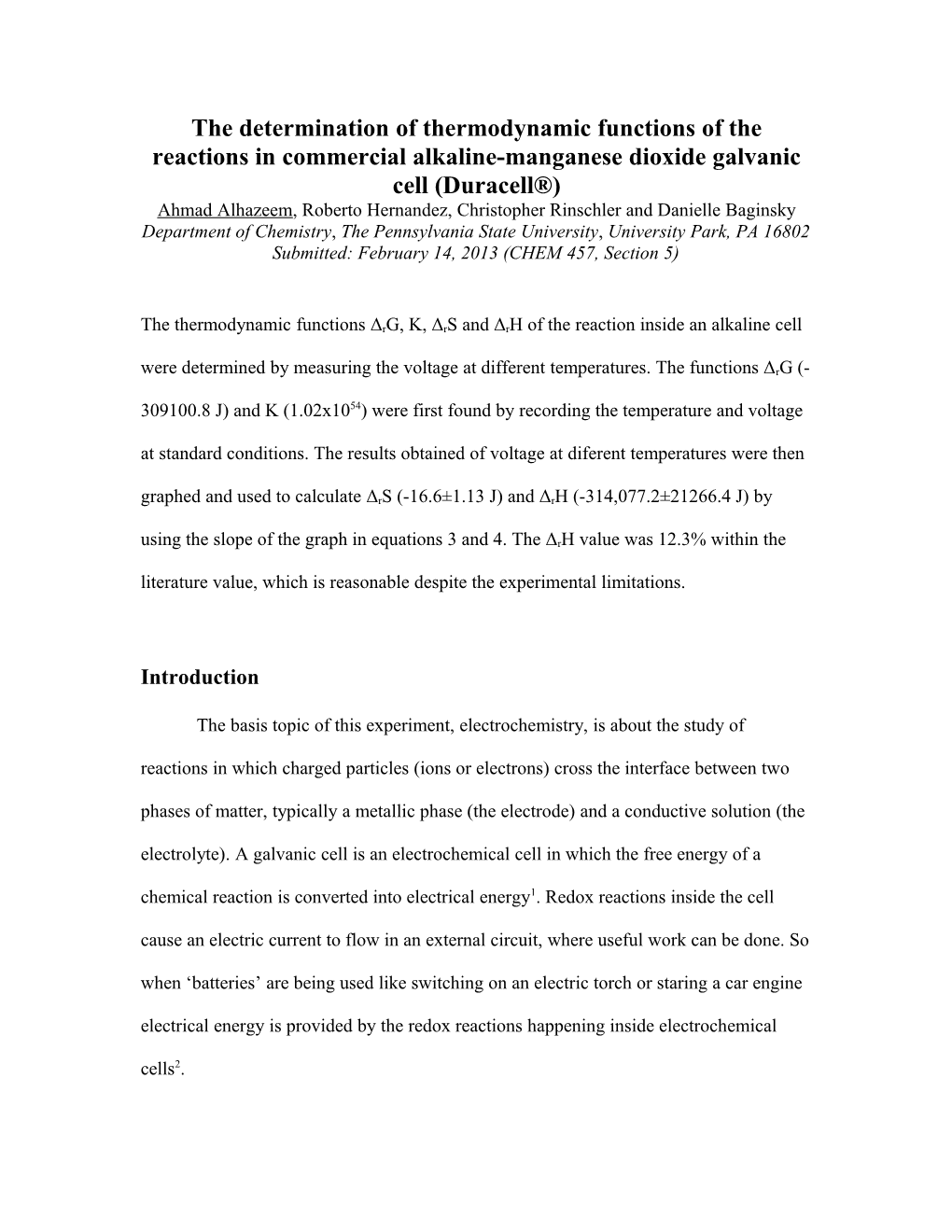 The Determination of Thermodynamic Functions of the Reactions in Commercial Alkaline-Manganese