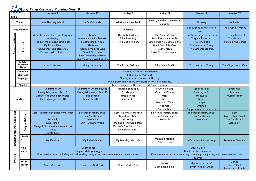 Long Term Curricula Planning Year B