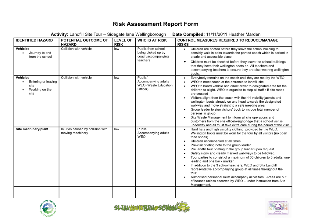 Risk Assessment Report Form