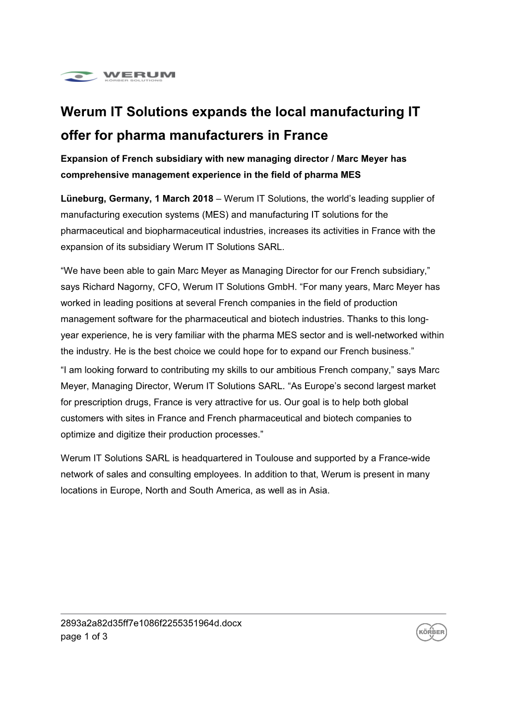 Werum IT Solutions Expands the Local Manufacturing IT Offer for Pharma Manufacturers in France