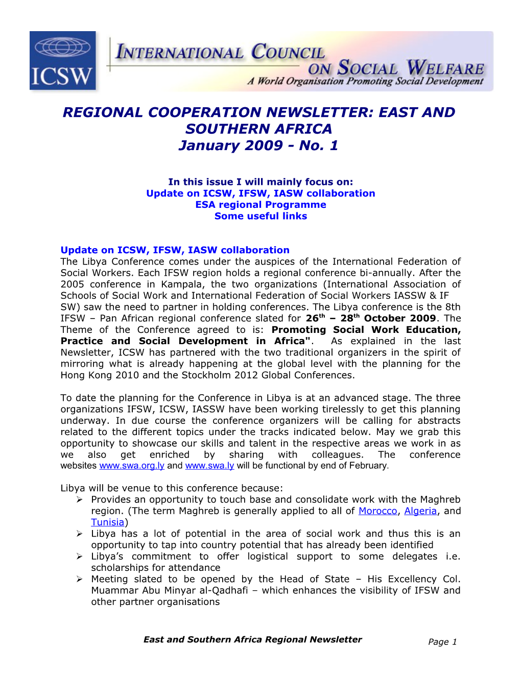 Regional Cooperation Newsletter: East and Southern Africa January 2009