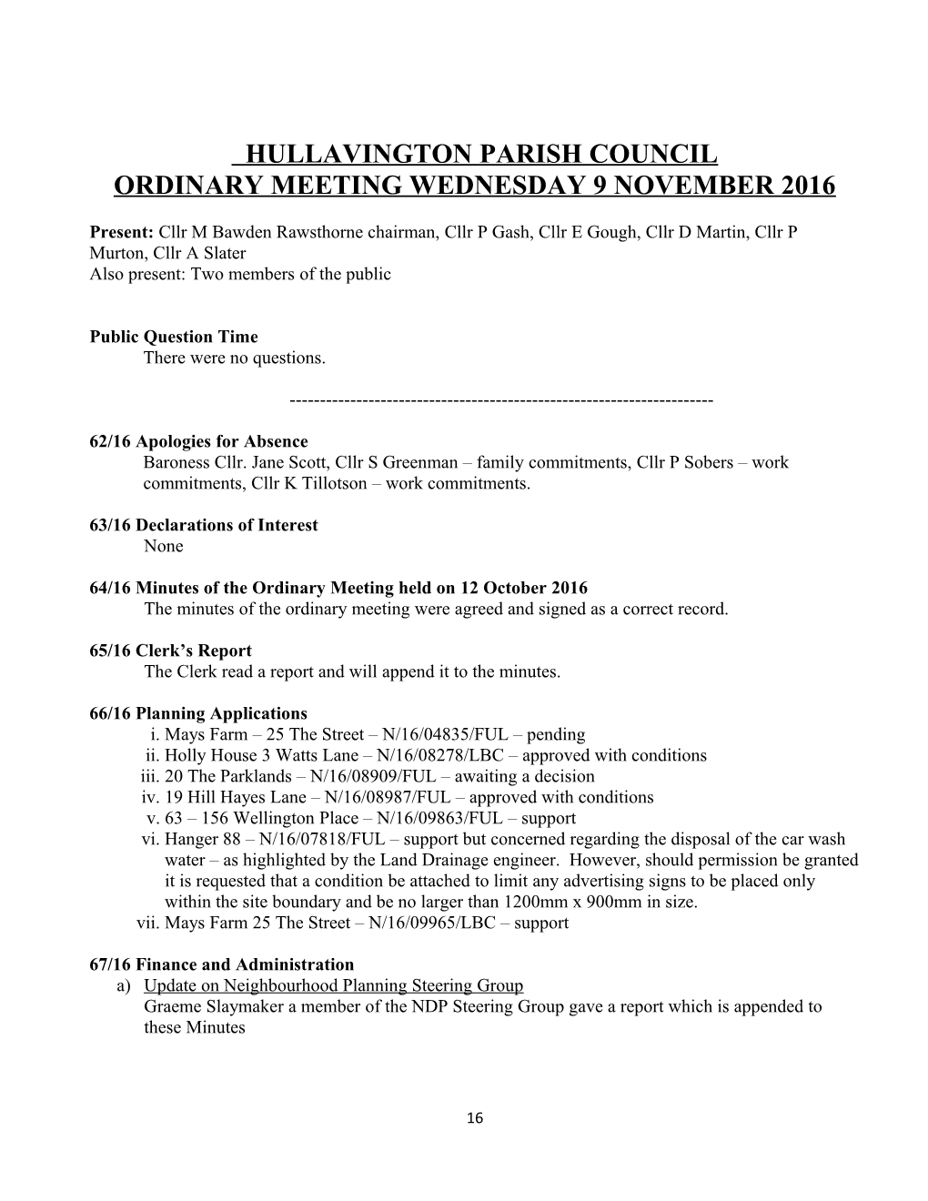 Ordinary Meeting Wednesday 9 November 2016