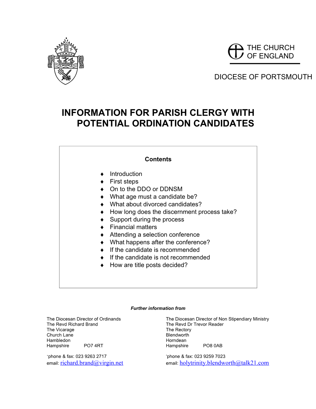 Information for Incumbents with Potential Ordination Candidates