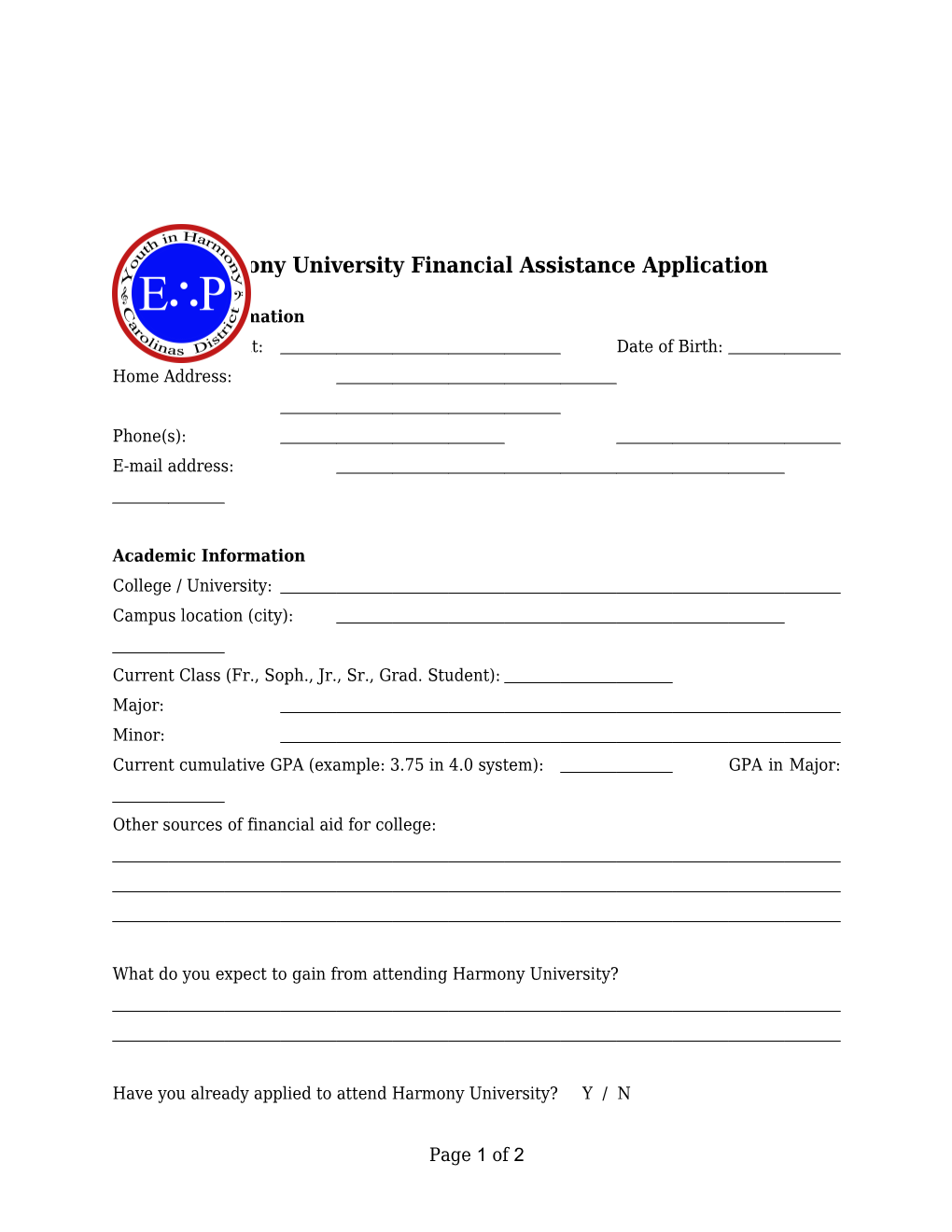 Harmony University Financial Assistance Application