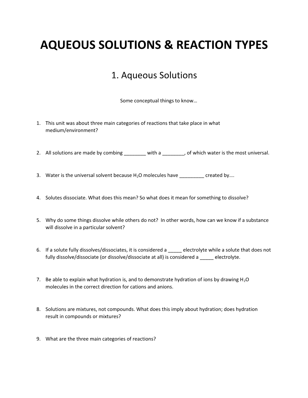 Aqueous Solutions & Reaction Types