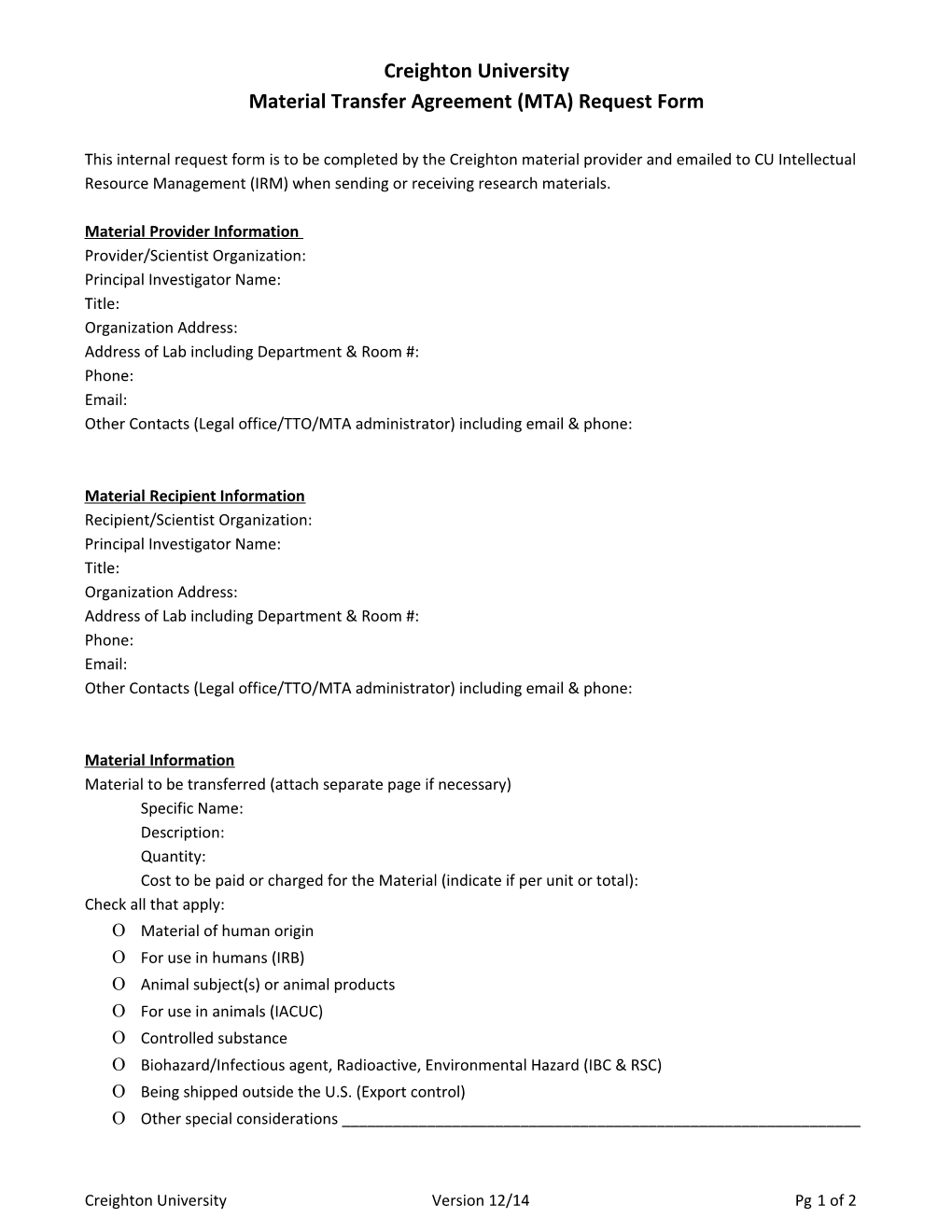 Material Transfer Agreement (MTA) Request Form