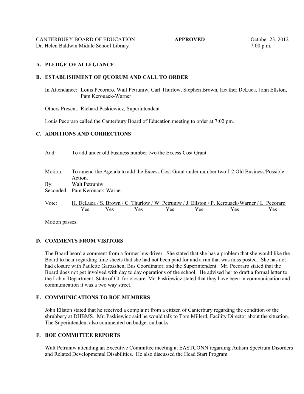 CANTERBURY BOARD of EDUCATION Approvedoctober 23, 2012