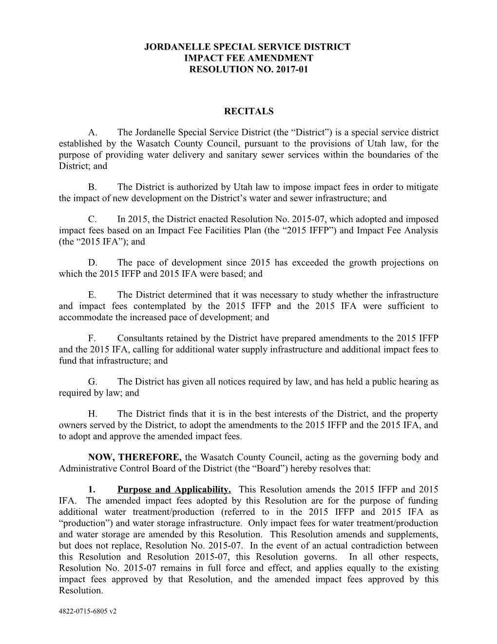 Jordanelle Special Service District IMPACT FEE Amendment Resolution No. 2017-01