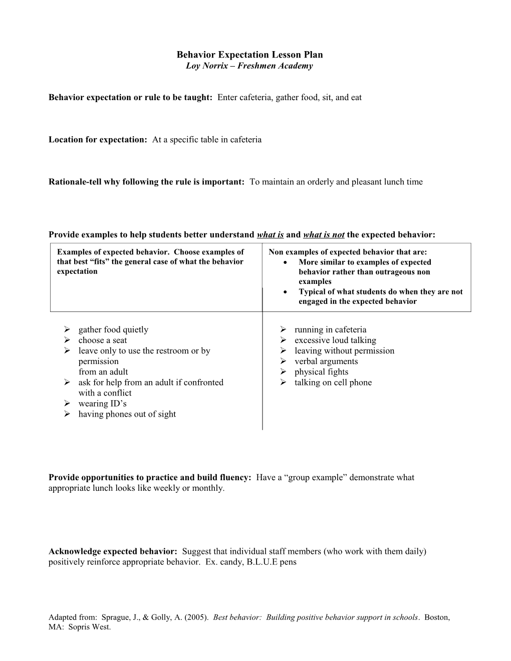 Behavior Expectation Lesson Plan