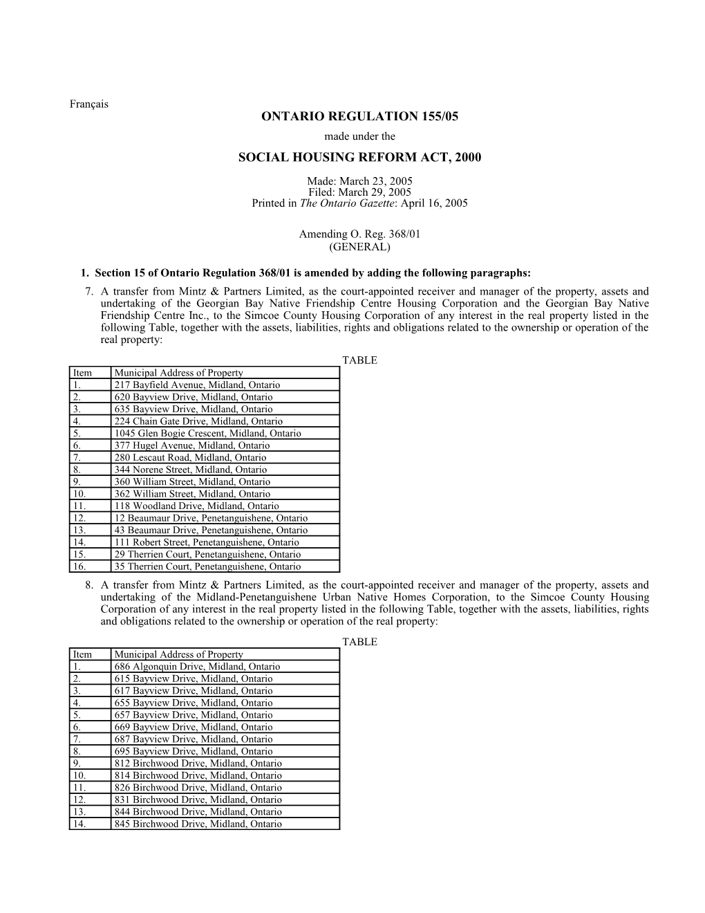 SOCIAL HOUSING REFORM ACT, 2000 - O. Reg. 155/05