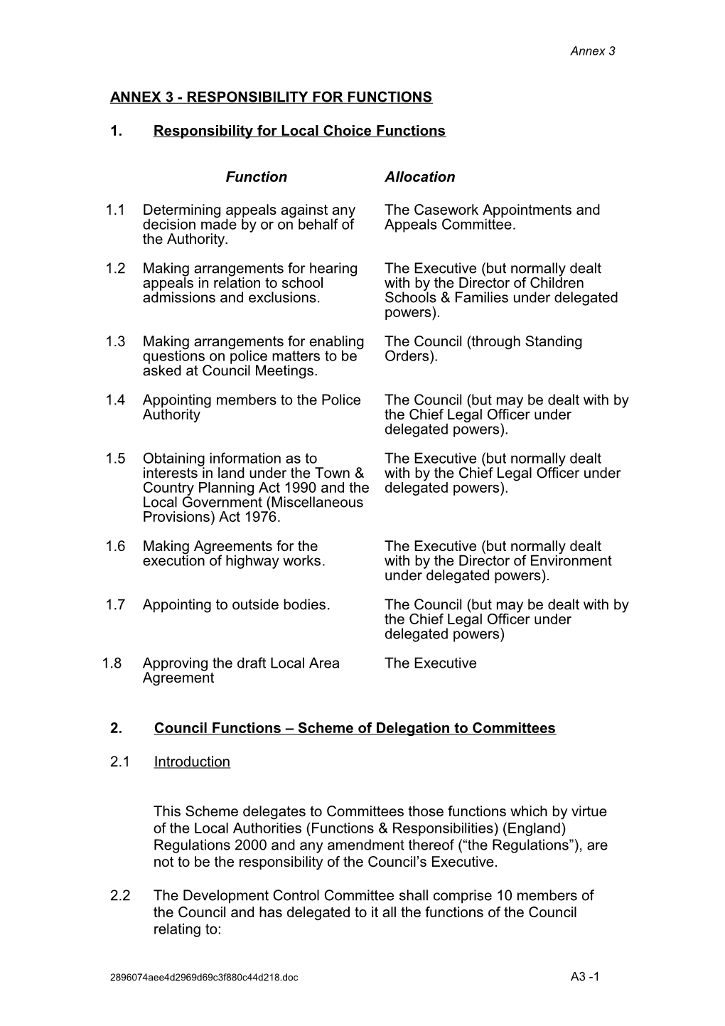 Annex 3 - Responsibility for Functions