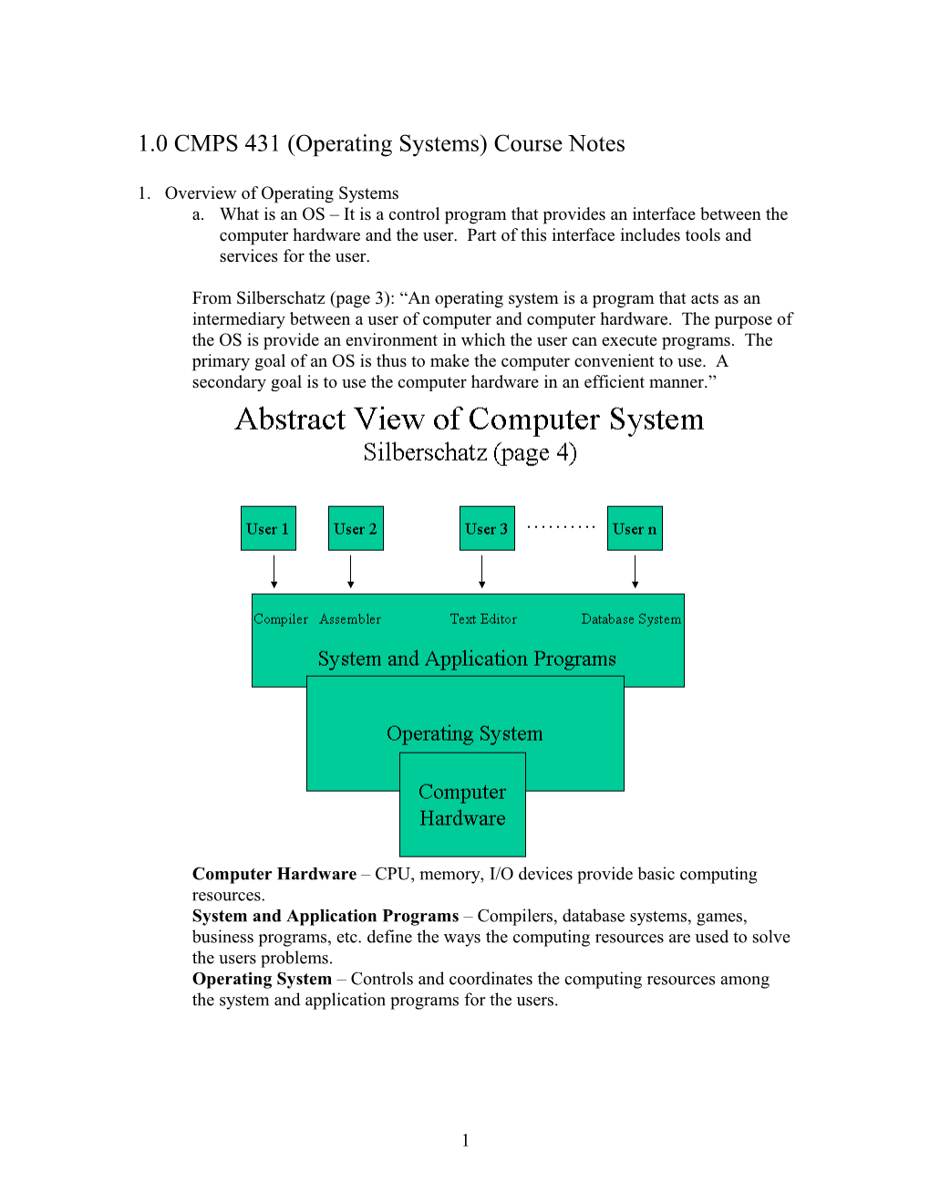 1.0 CMPS 431 (Operating Systems) Course Notes