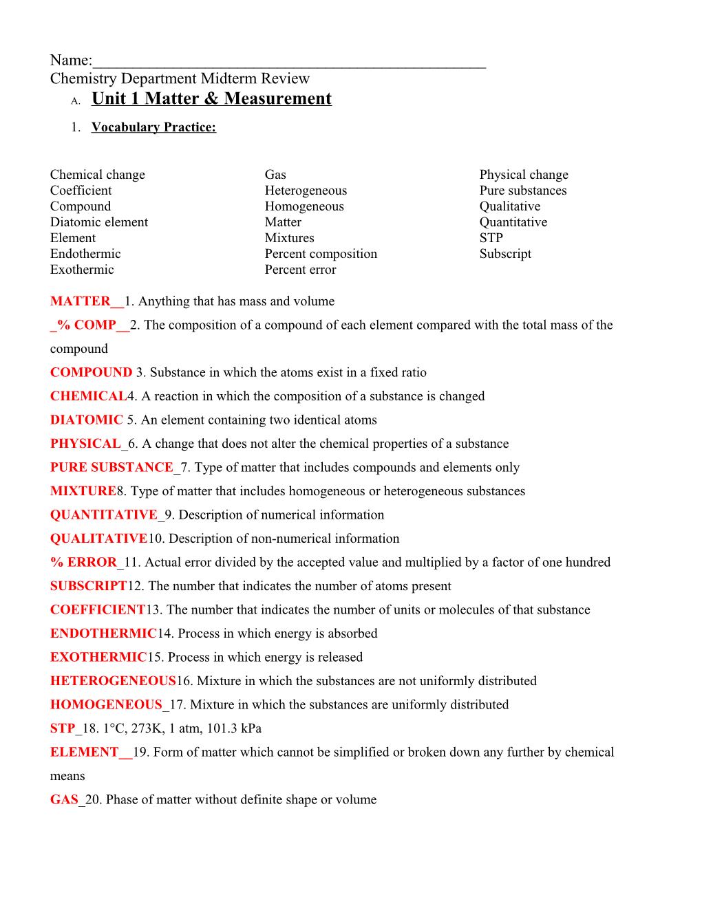 Chemistry Department Midterm Review