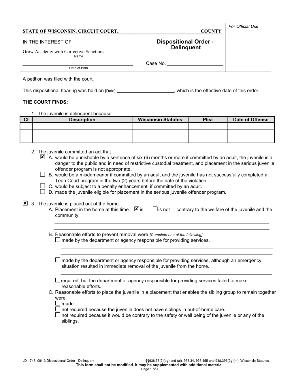 JD 1745 Dispositional Order Delinquent