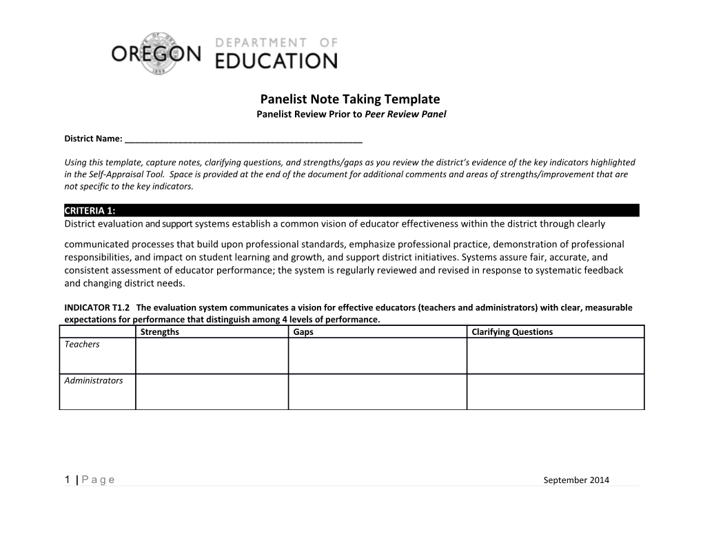 Panelist Note Taking Template