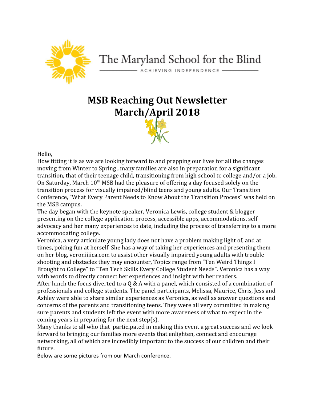 MSB Reaching out Newsletter