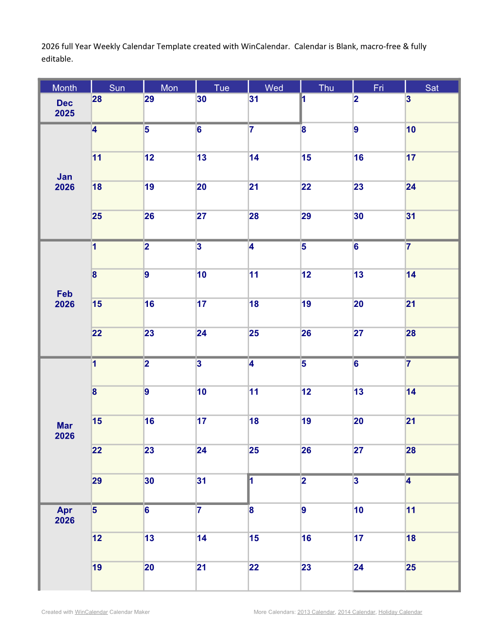 Weekly Calendar for 2026