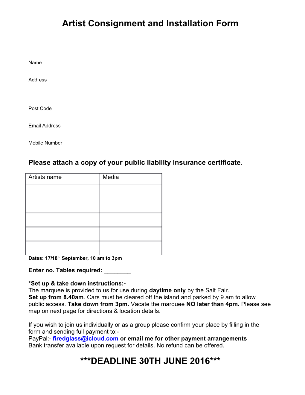 Artist Consignment and Installation Form