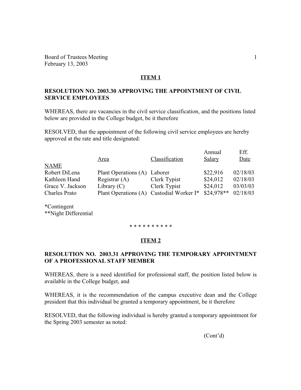 Resolution No. 2003.30 Approving the Appointment of Civil