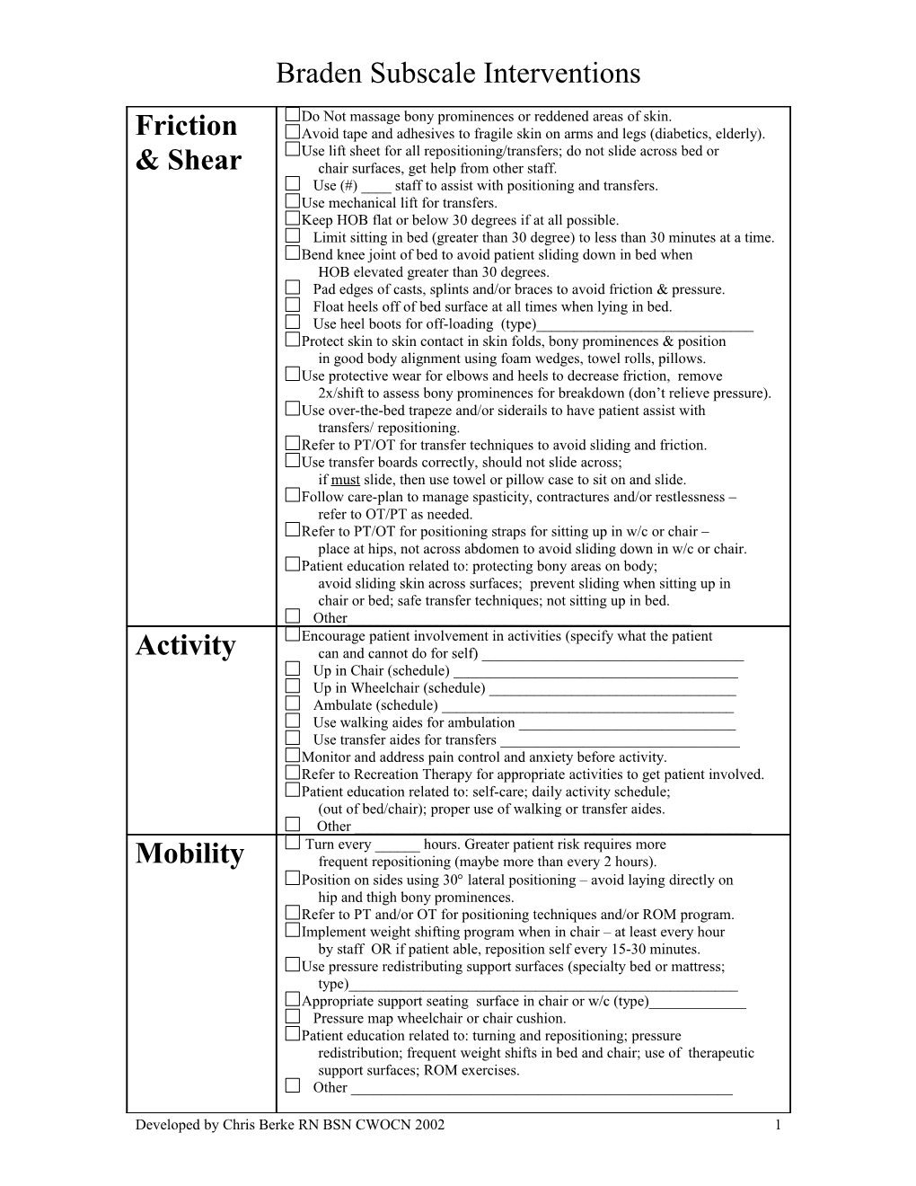 Developed by Chris Berke RN BSN CWOCN 2002 1