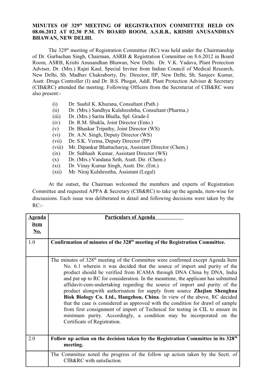 MINUTES of 329Th MEETING of REGISTRATION COMMITTEE HELD on 08.06.2012 at 02.30 P.M. IN