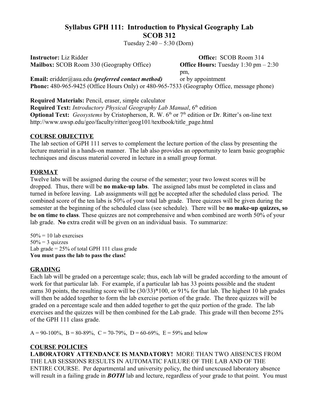 Syllabus GPH 111: Introduction to Physical Geography Laboratory