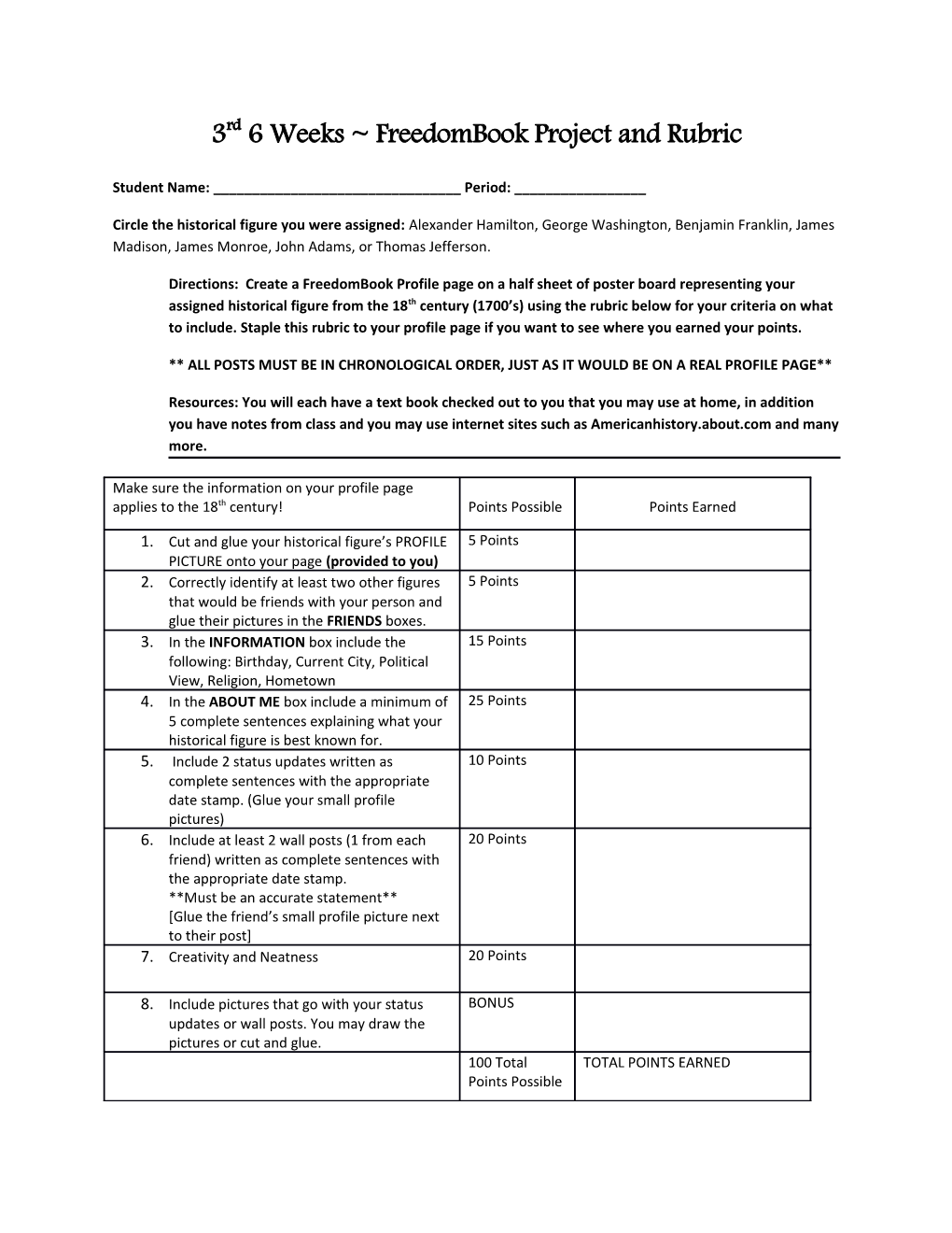 3Rd 6 Weeks Freedombook Project and Rubric