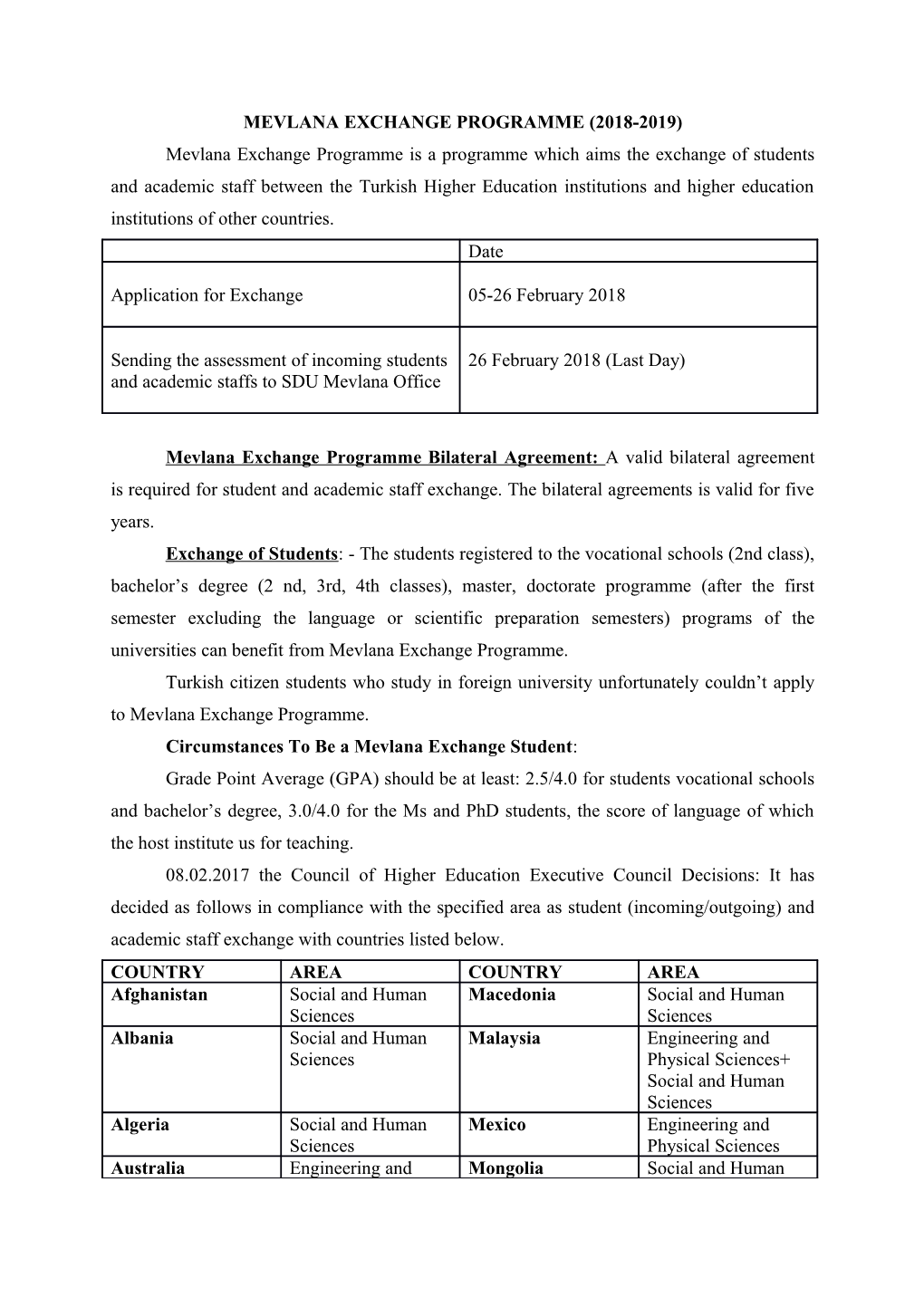 Mevlana Exchange Programme (2018-2019)