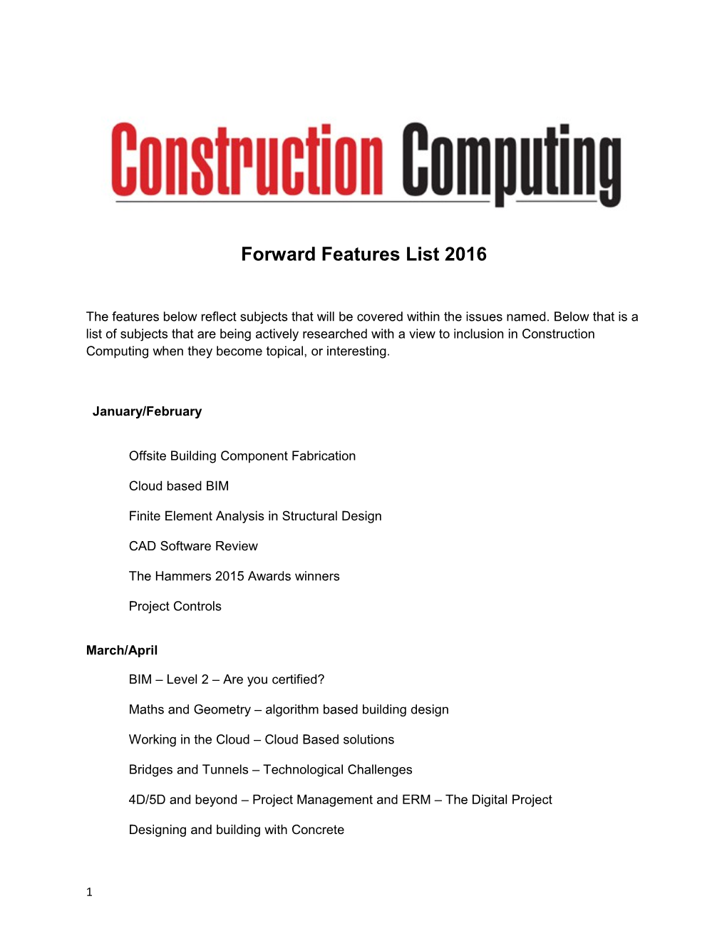 Forward Features List 2016