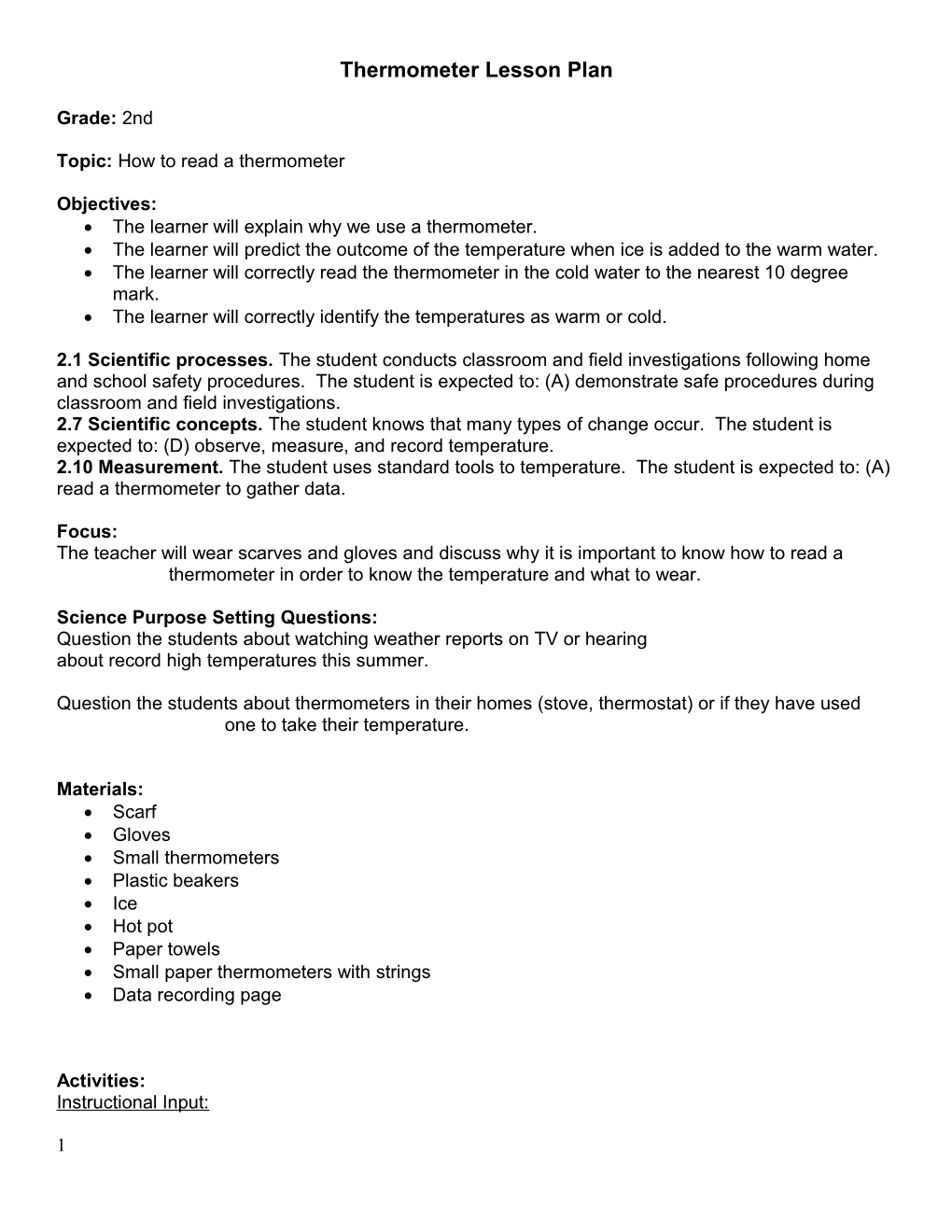 Thermometer Lesson Plan