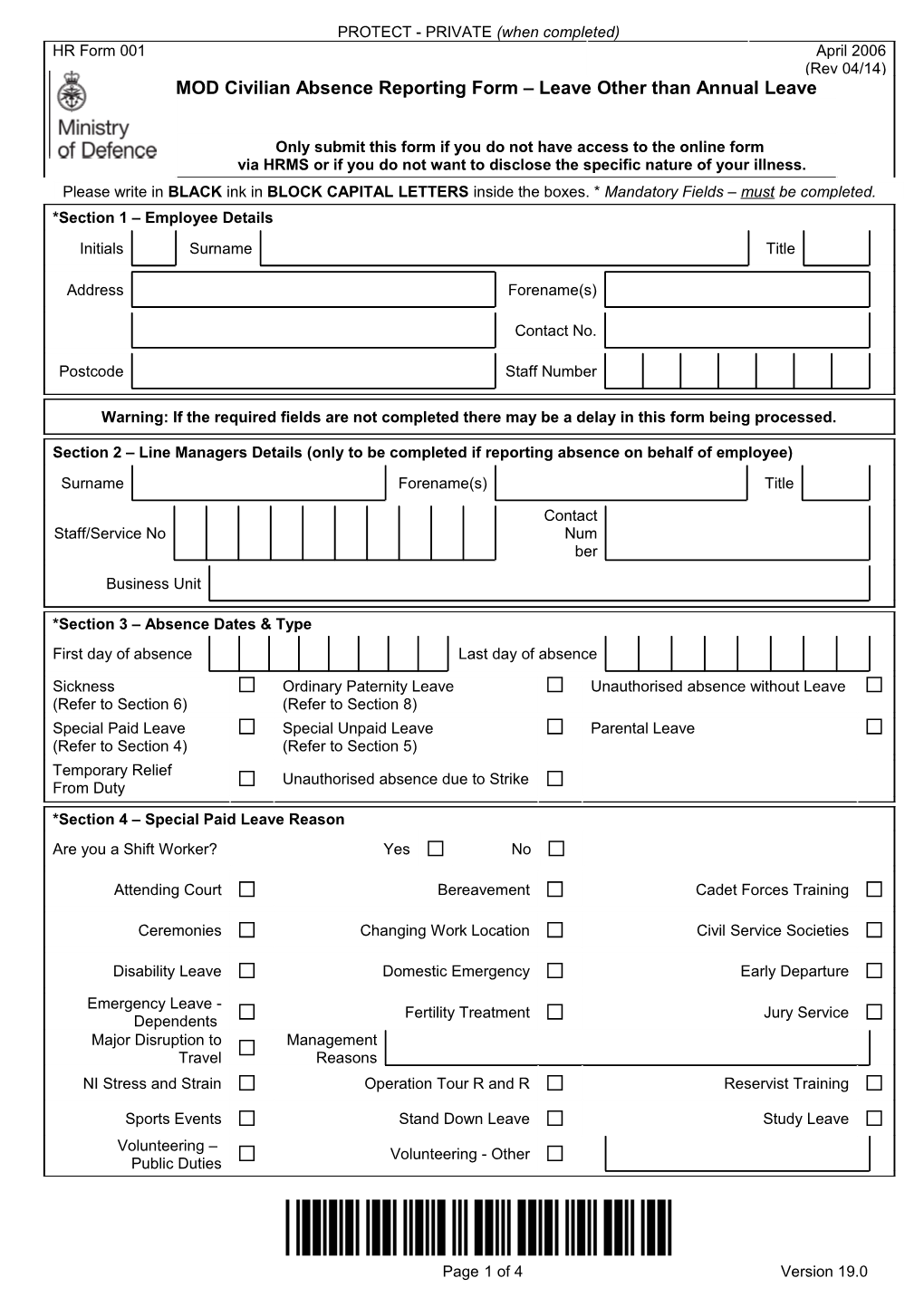 HR Form 001: MOD Civilian Absence Reporting Form - Leave Other Than Annual Leave