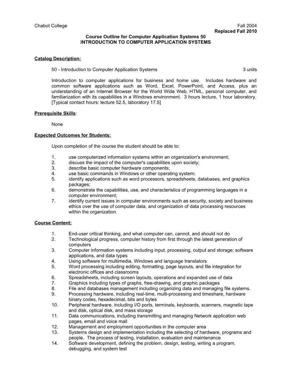 Course Outline for Computer Application Systems 50, Page 2