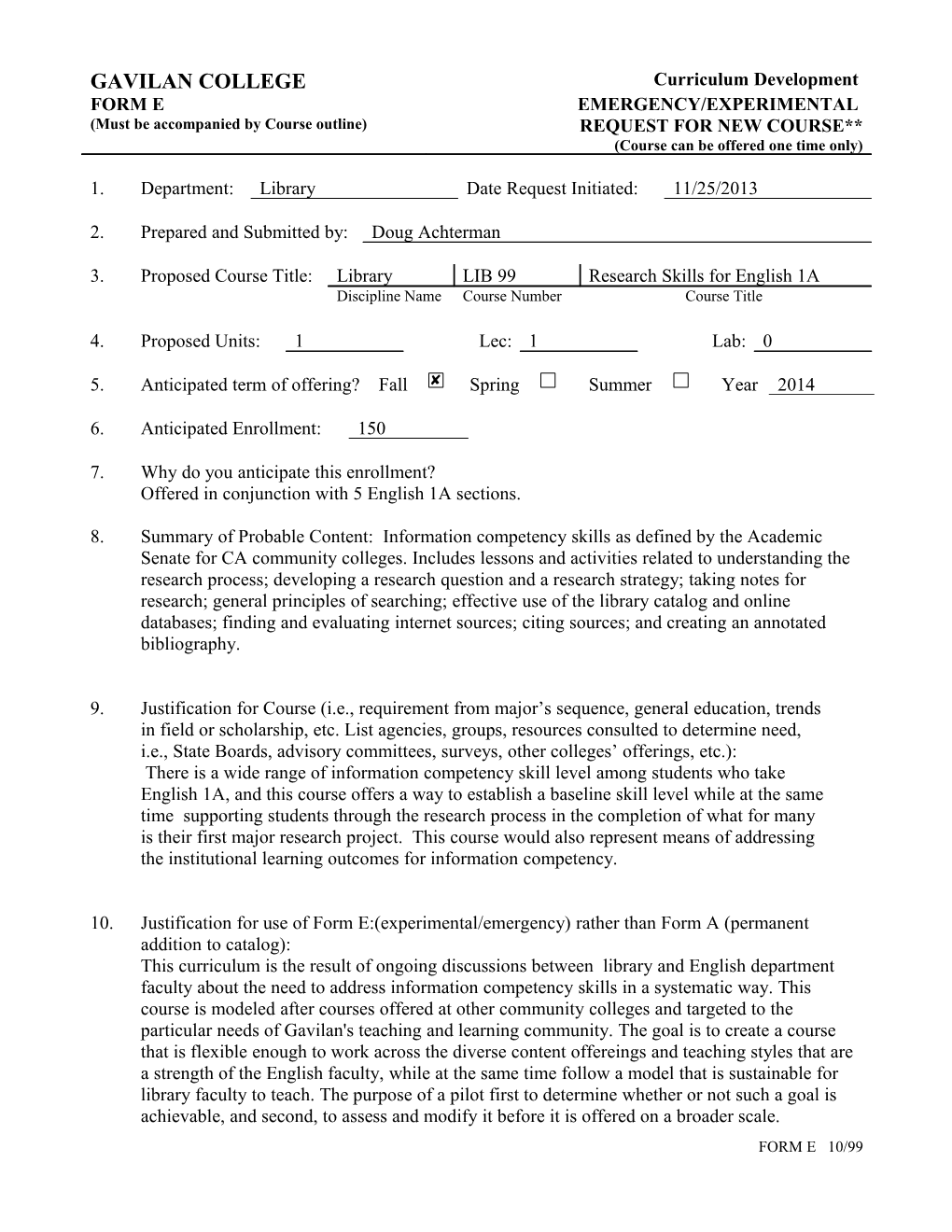 Curriculum Development Form E