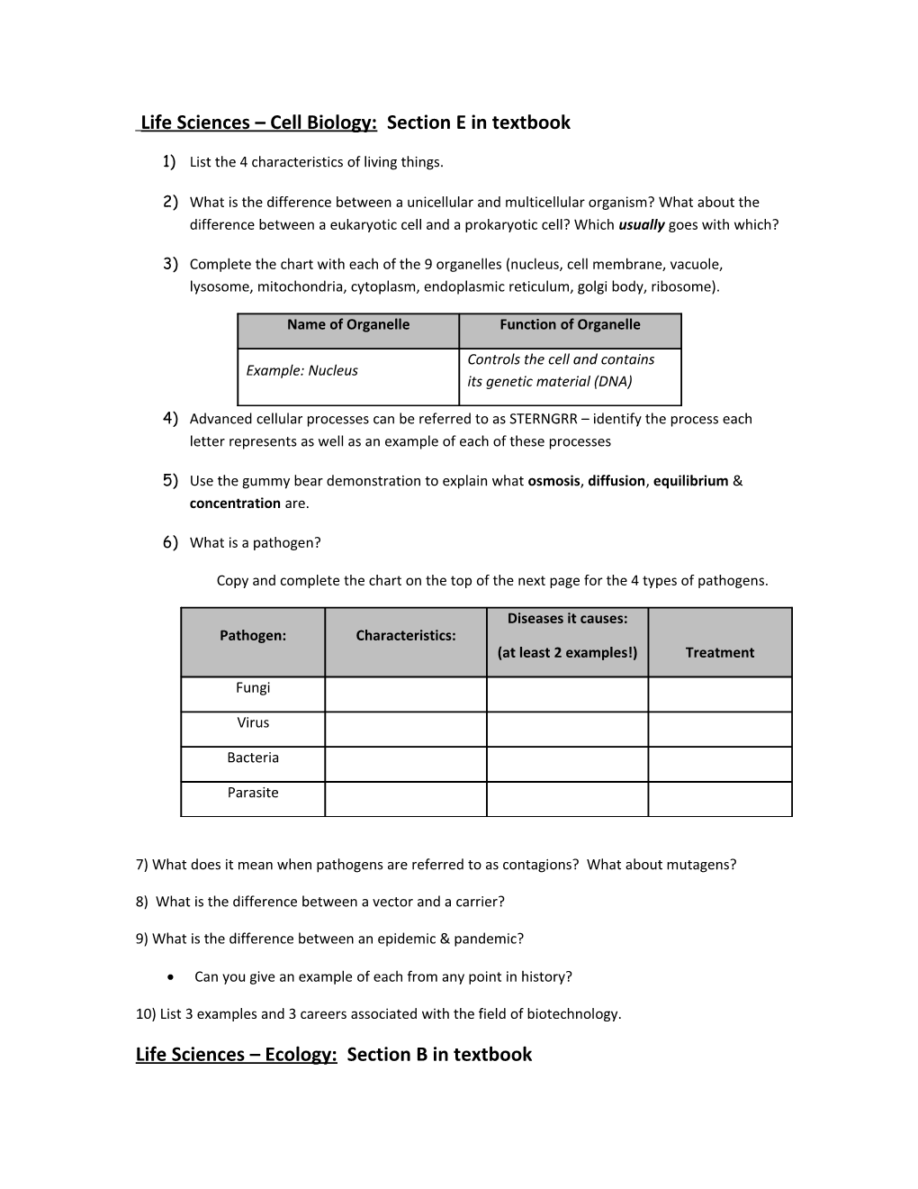 Life Sciences Cell Biology: Section E in Textbook