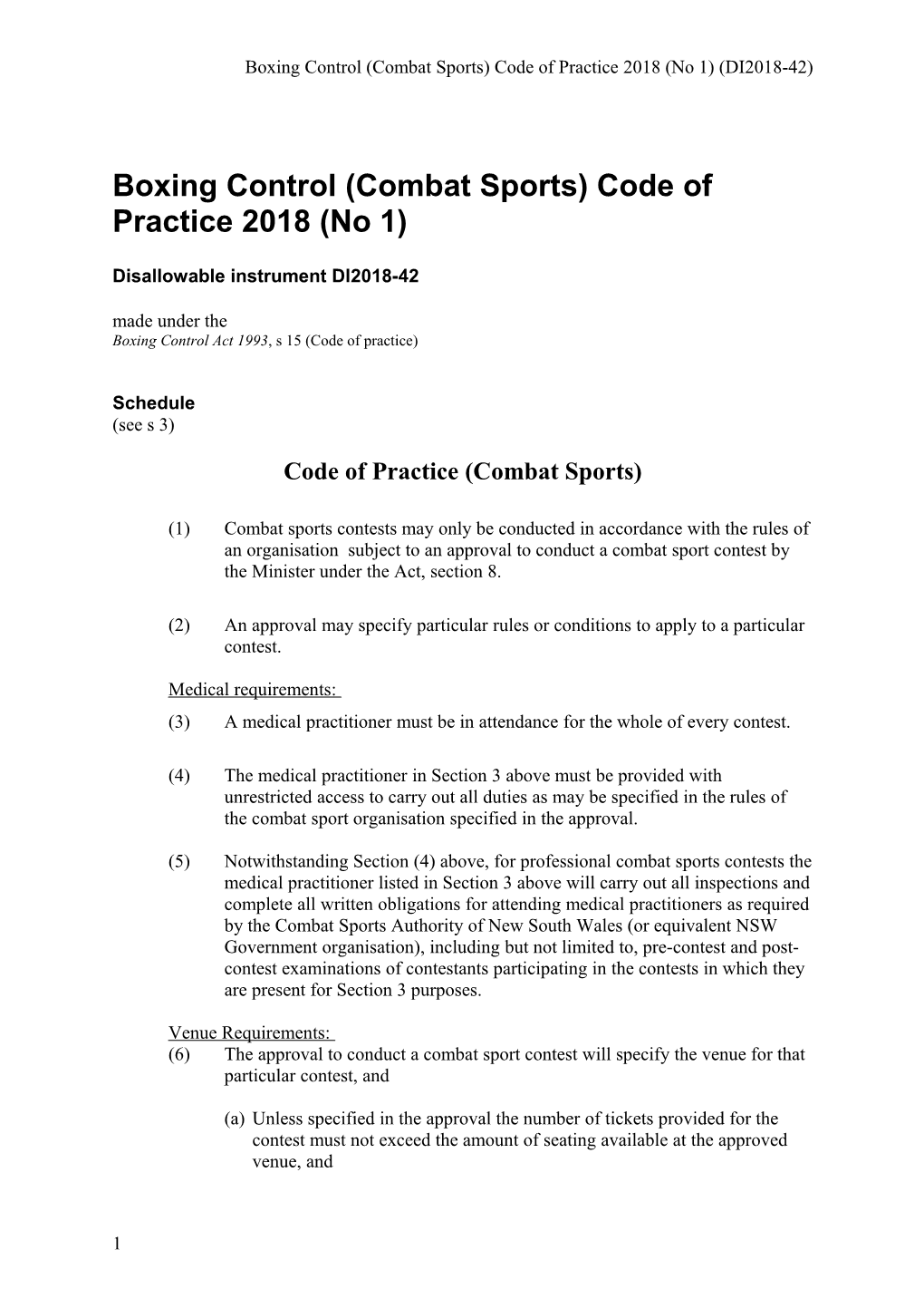 Boxing Control (Combat Sports) Code of Practice 2018 (No 1)