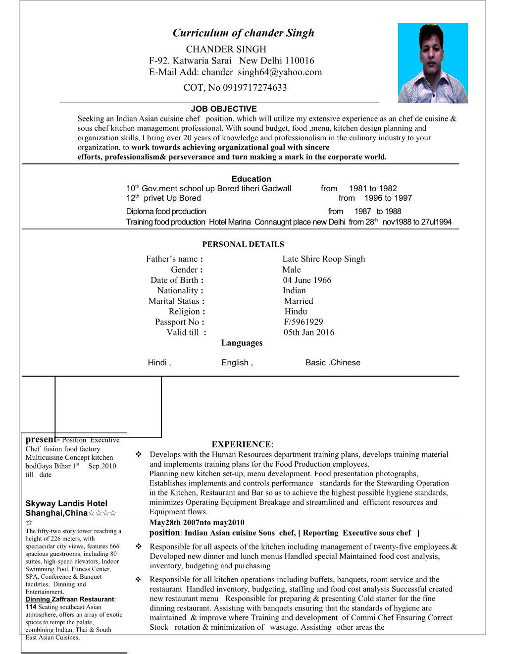 Sample Chef's Resume