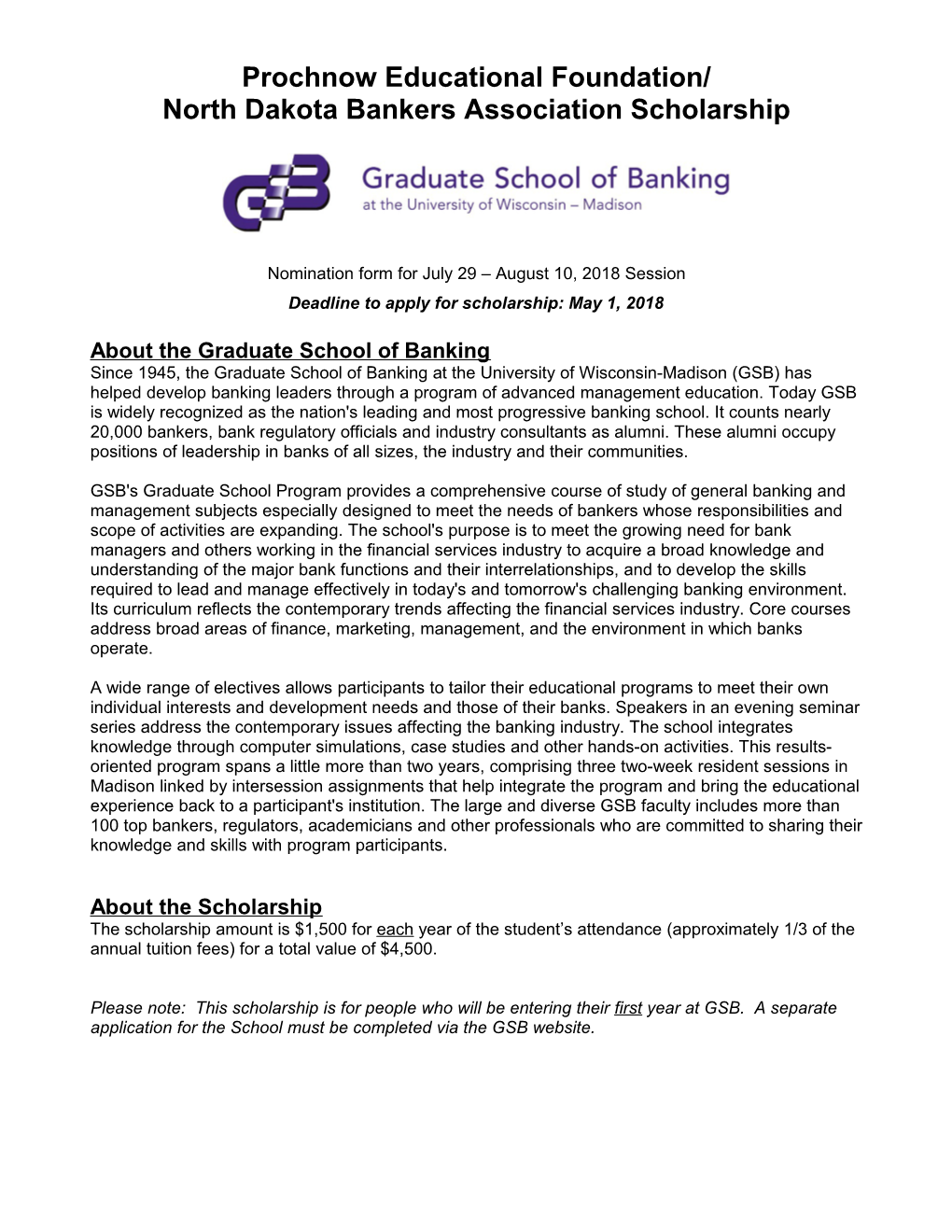 Prochnow Educational Foundation/Wisconsin Bankers Association Scholarship For